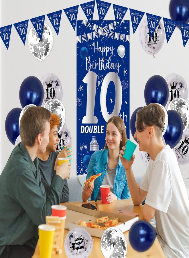 Purtarly 10th Birthday Decorations for Boys Girls, Blue Silver Happy 10th Birthday Double Digits Door Banner Decorations, Number 10 Foil Balloon Triangle Flag 10 Year Old Bday Party Supplies for Son Daughter - Image 4